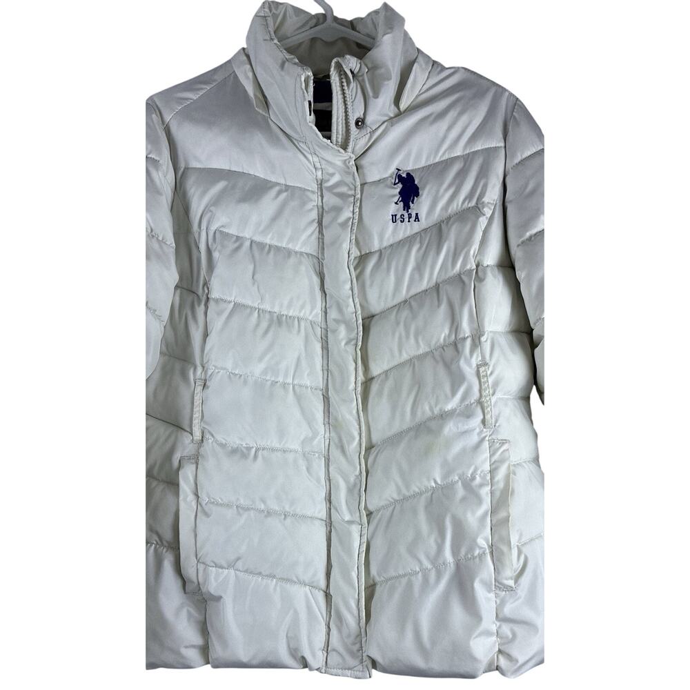 US Polo Association White Sz L Puffer Full Zip Snap blue Embroidered Pony Coat